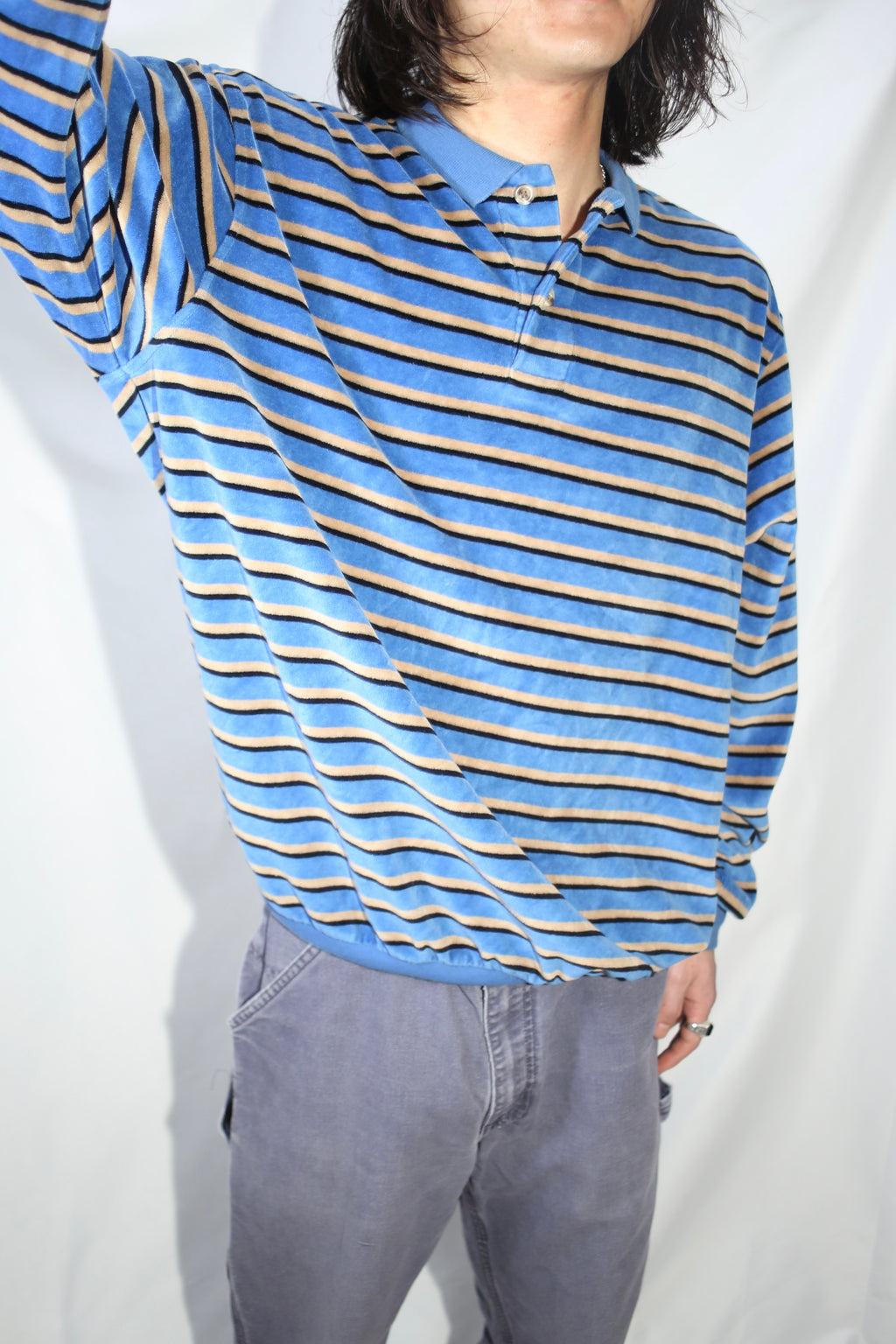 [Hartog] Velour Stripe Knit Polo